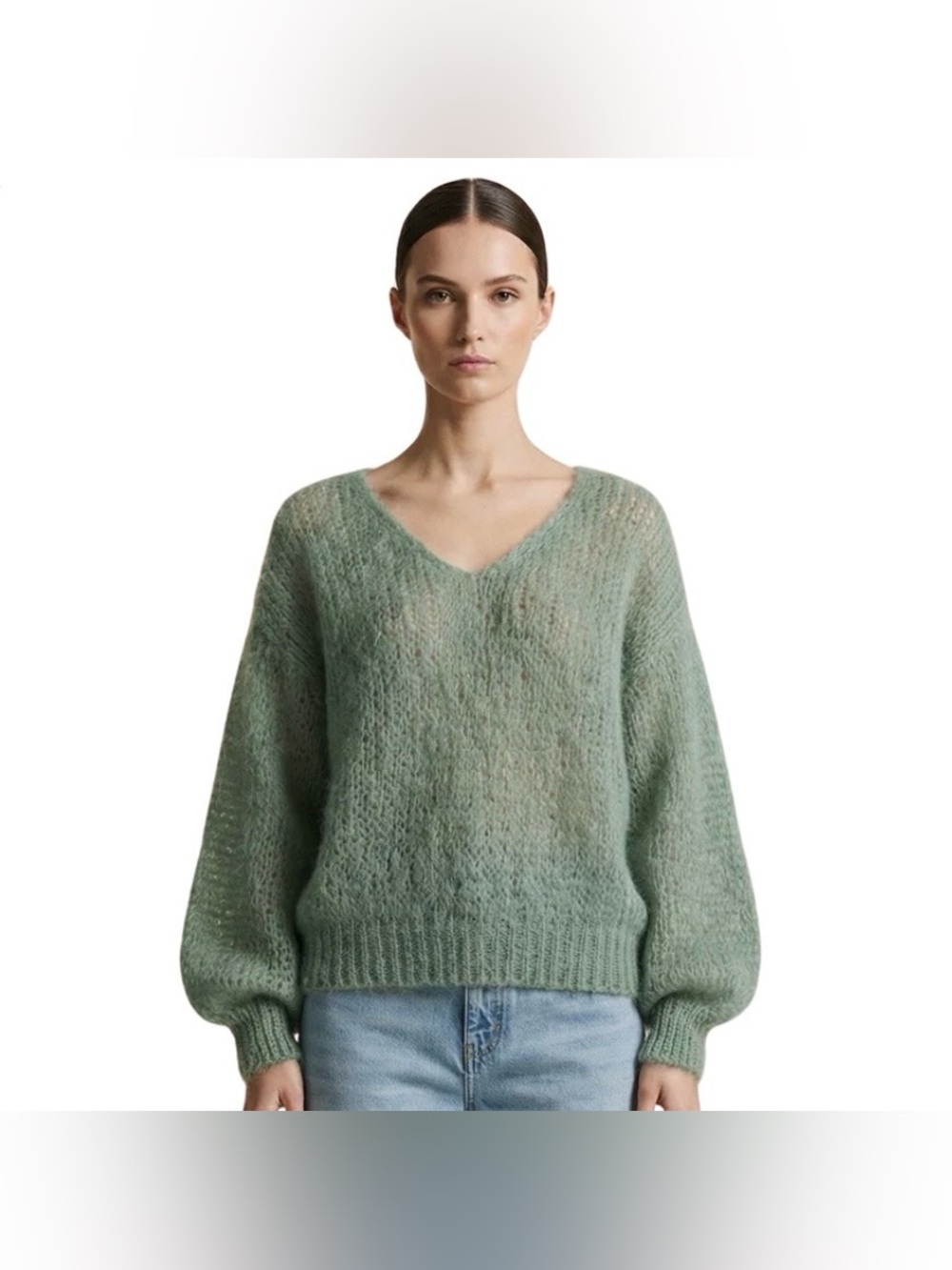 BNWT American Dreams Milana Mohair Dusty Green Pullover V-Neck Sweater